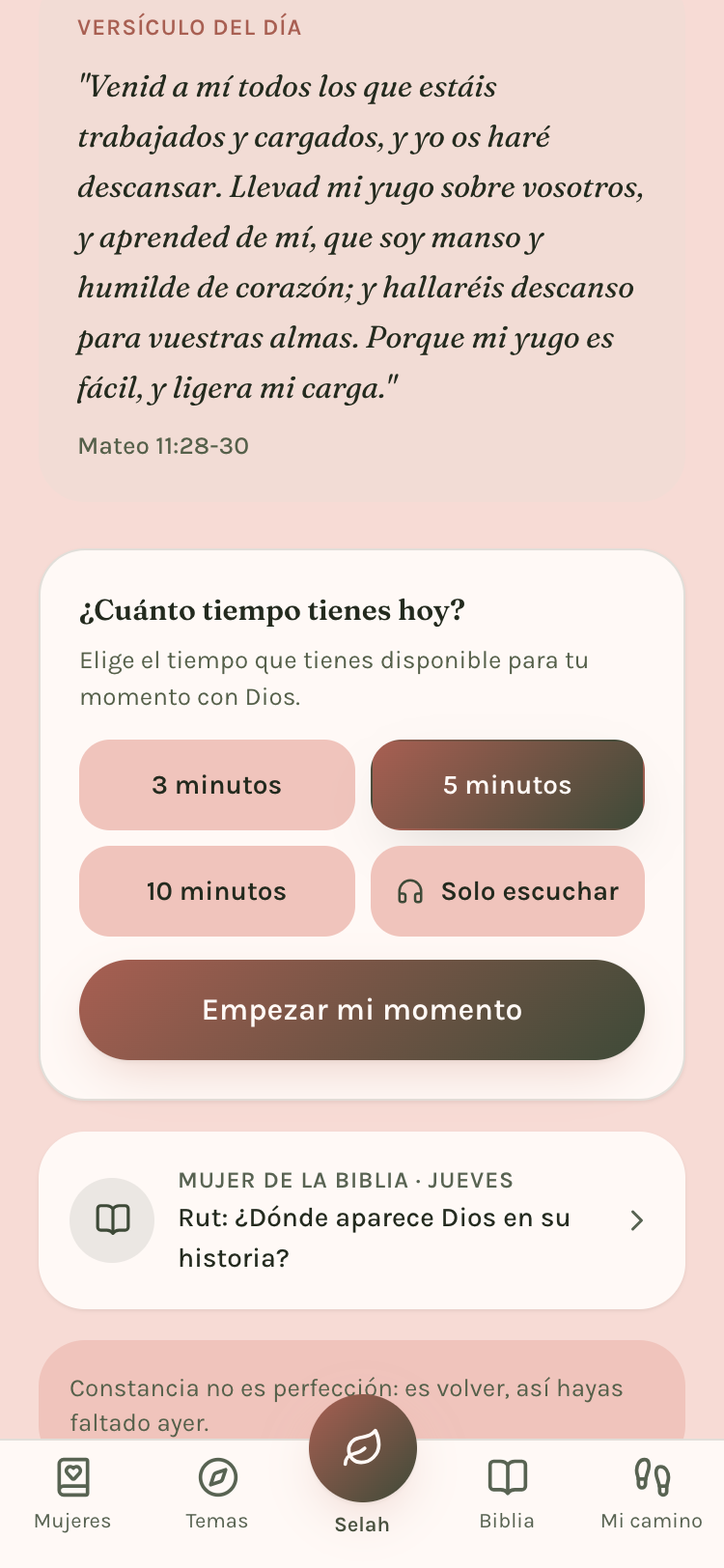 La pantalla Hoy de Selah, con el selector de tiempo y ánimo